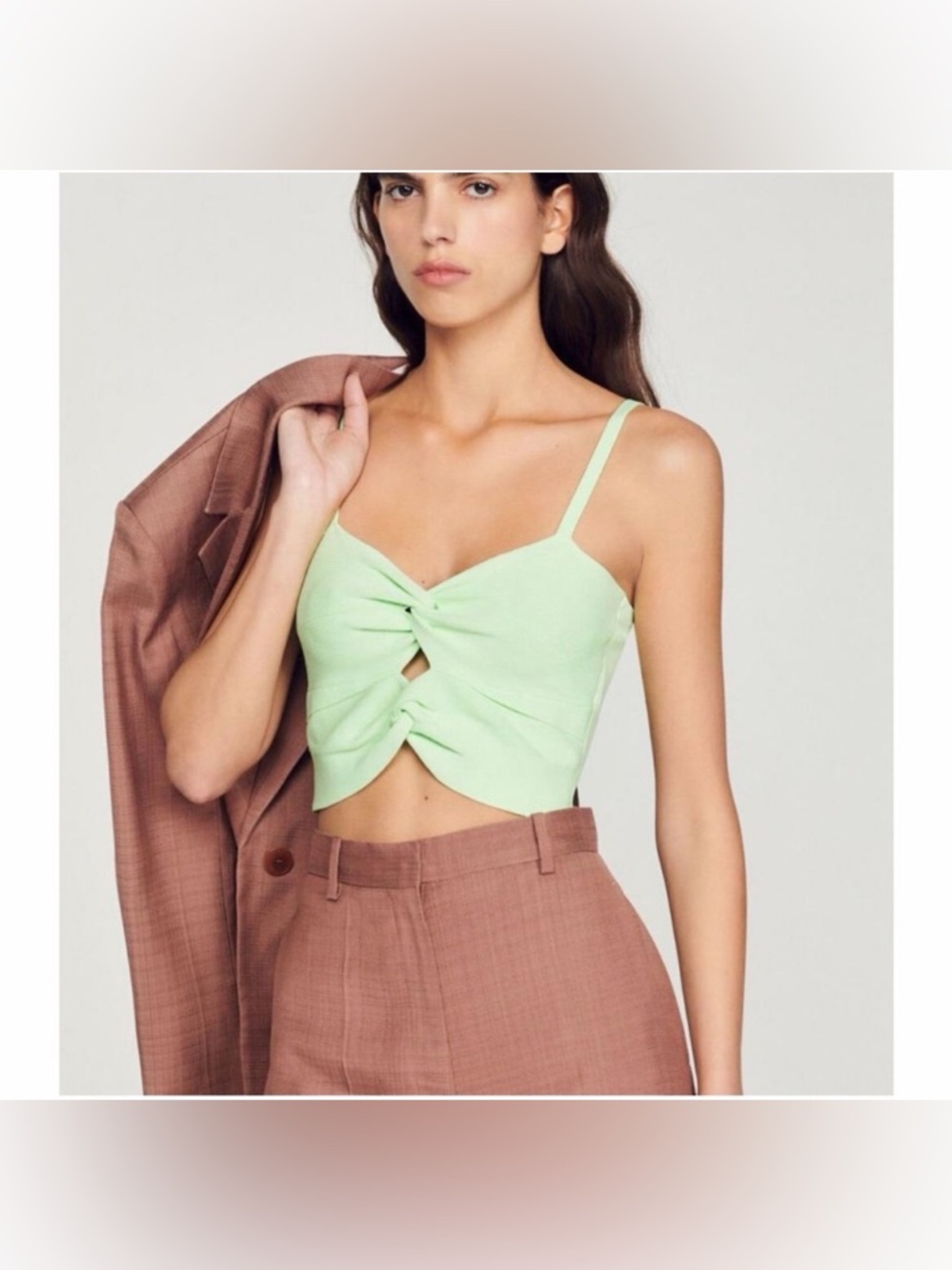 Sandro Light Green Rib Knit CutOut Crop Top S/1